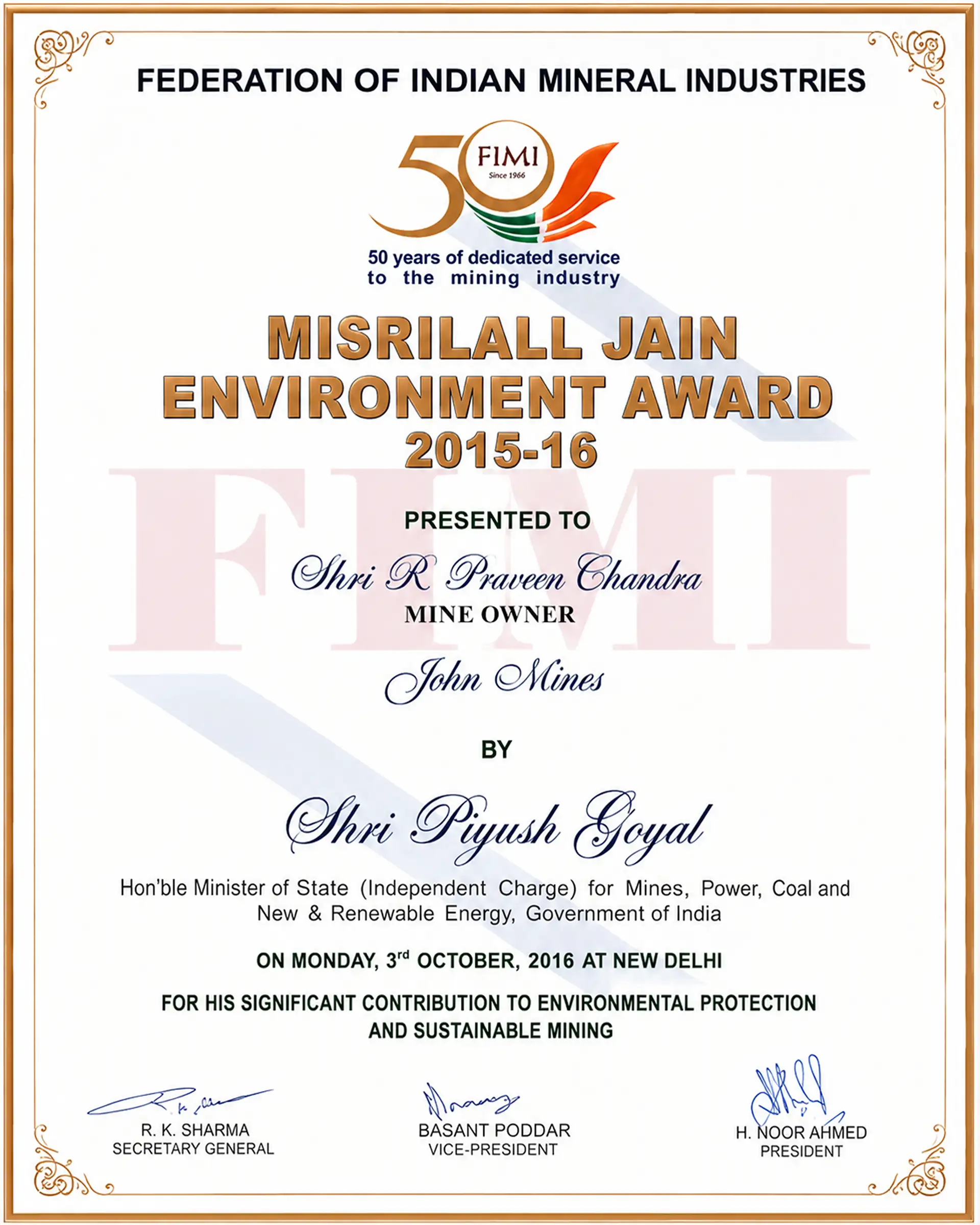 FIMI Misrilal Jain Environment Award 2015-16 certificate